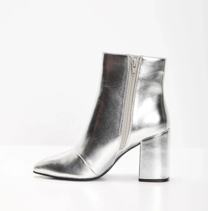 Metallic Silver Block Heel Ankle Boots for Women | Judy