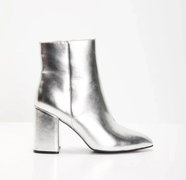 Metallic Silver Block Heel Ankle Boots for Women | Judy