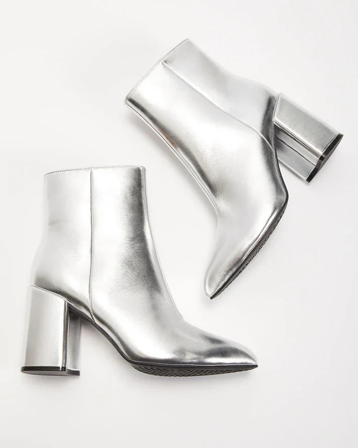 Metallic Silver Block Heel Ankle Boots for Women | Judy