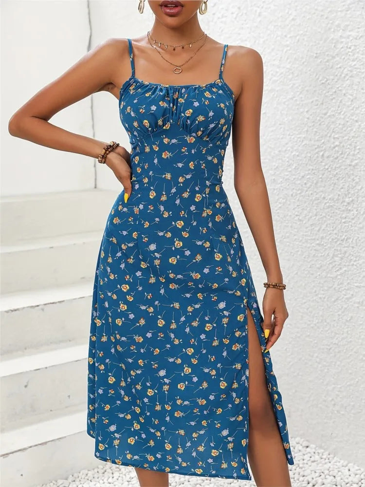 Midi Dress with Polka Dot Print for Women | Zylara Blue
