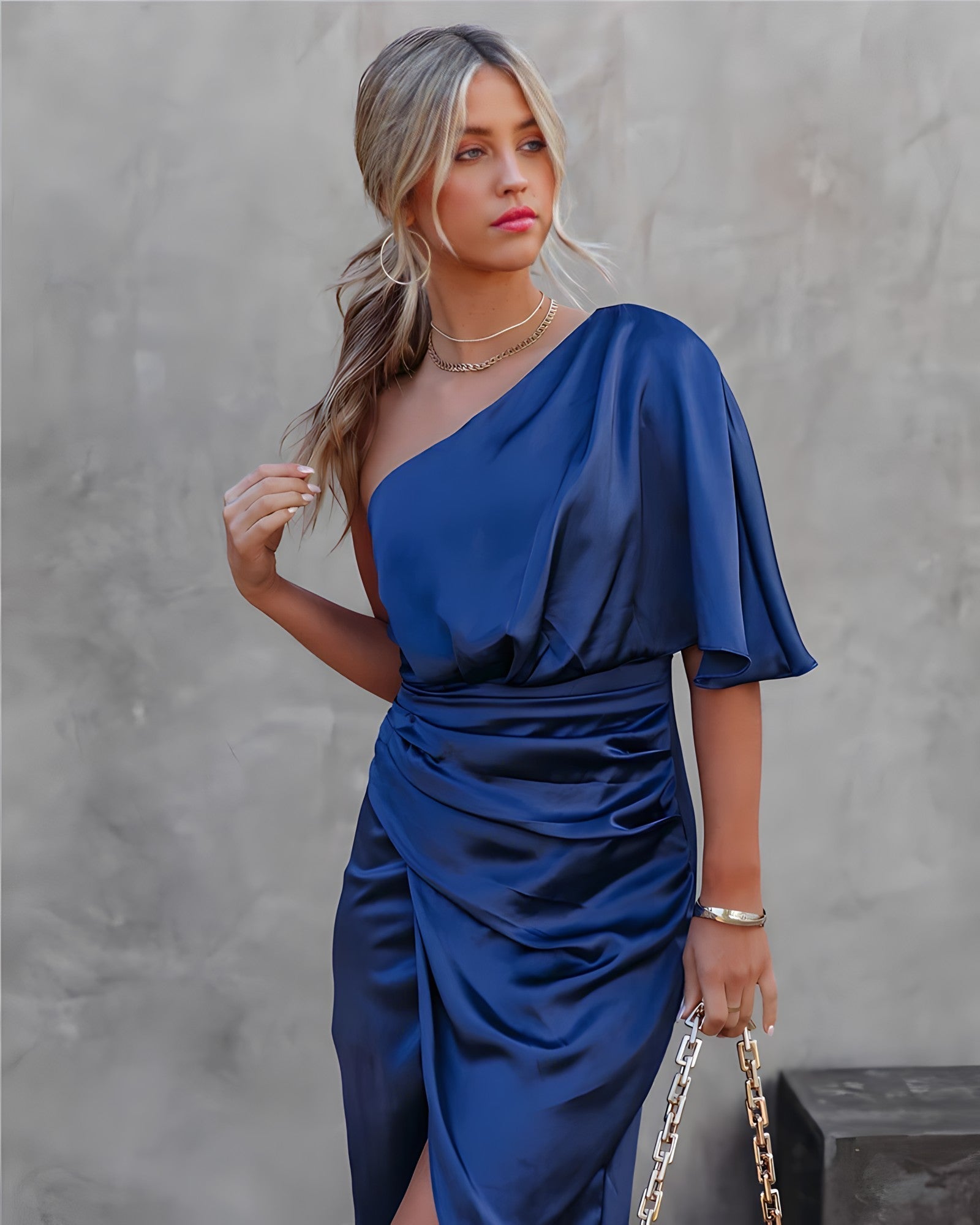 Mira | One Shoulder Ruched Midi Wedding Guest Dress Blue