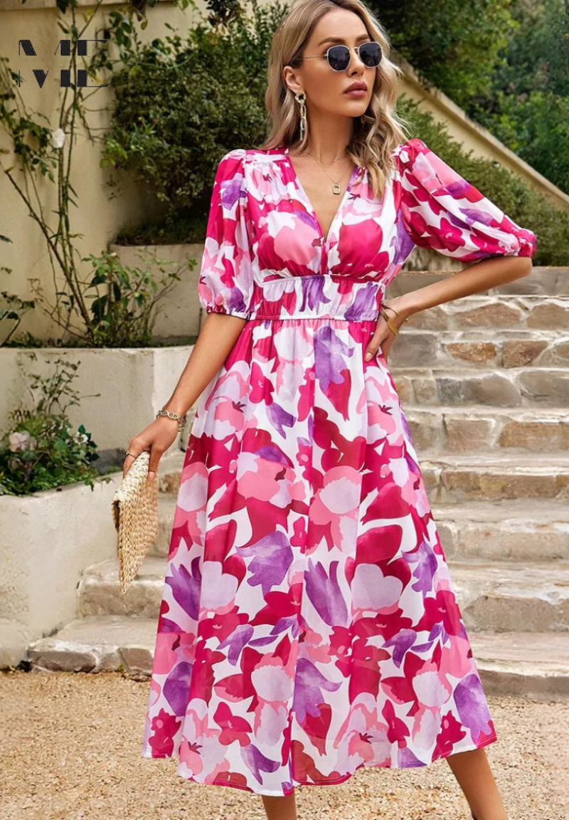 Floral Midi Dress Puff Sleeves for Women | Nolara Pink