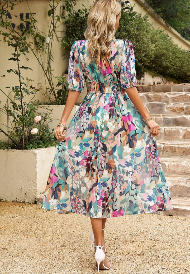 Floral Midi Dress Puff Sleeves for Women | Nolara