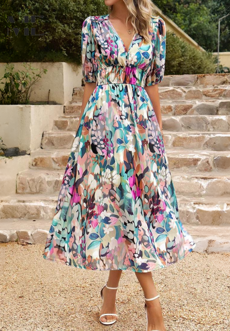 Floral Midi Dress Puff Sleeves for Women | Nolara