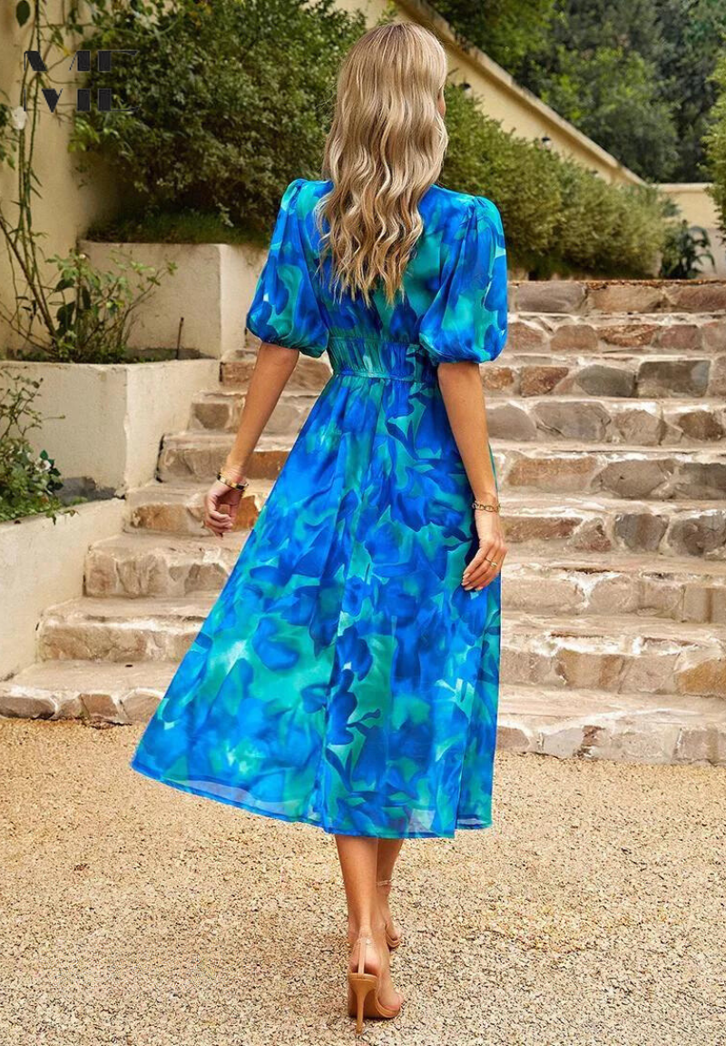 Floral Midi Dress Puff Sleeves for Women | Nolara