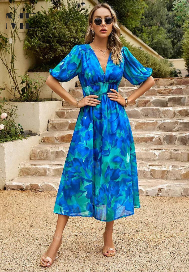 Floral Midi Dress Puff Sleeves for Women | Nolara Blue