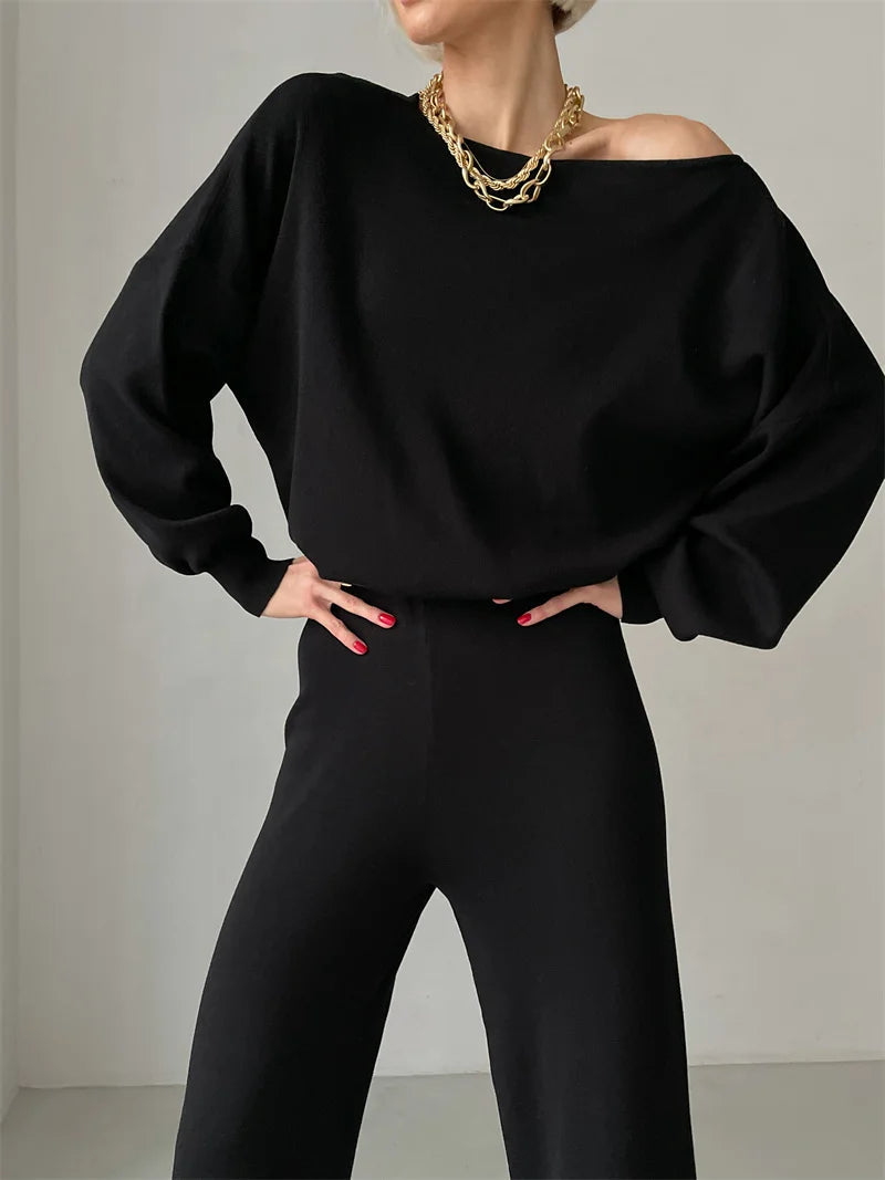 Off-Shoulder Knit Lounge Set for Women | Maxene Black