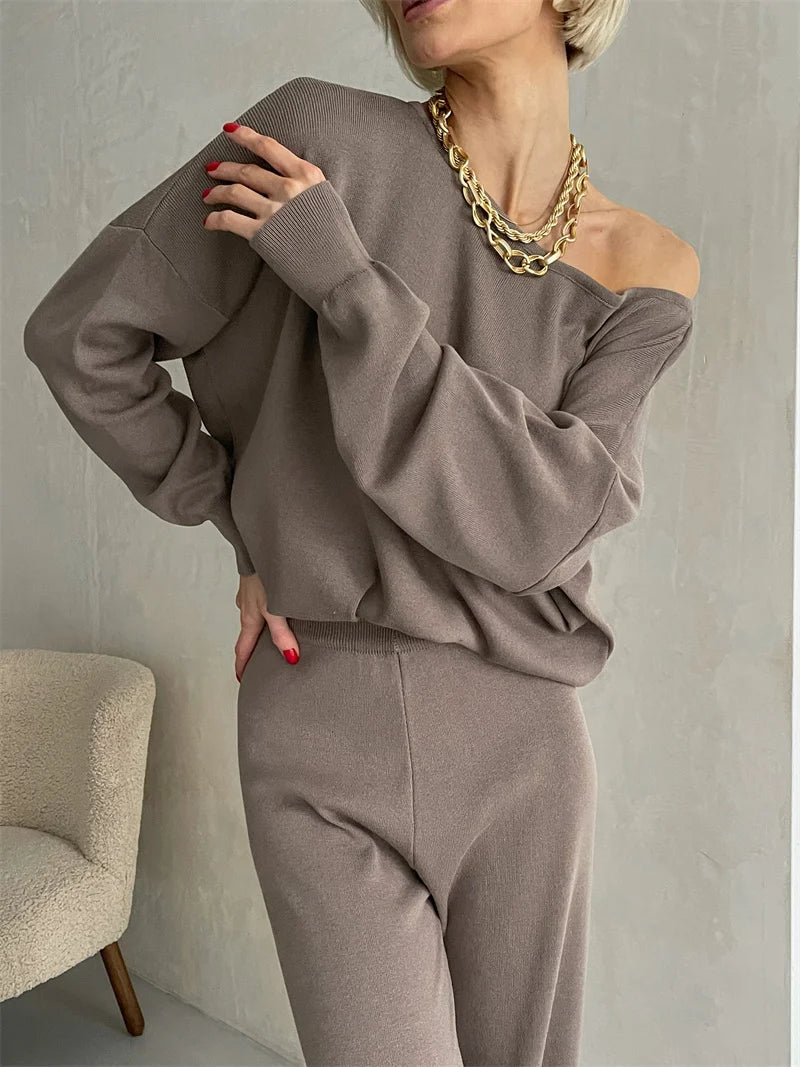 Off-Shoulder Knit Lounge Set for Women | Maxene Camel