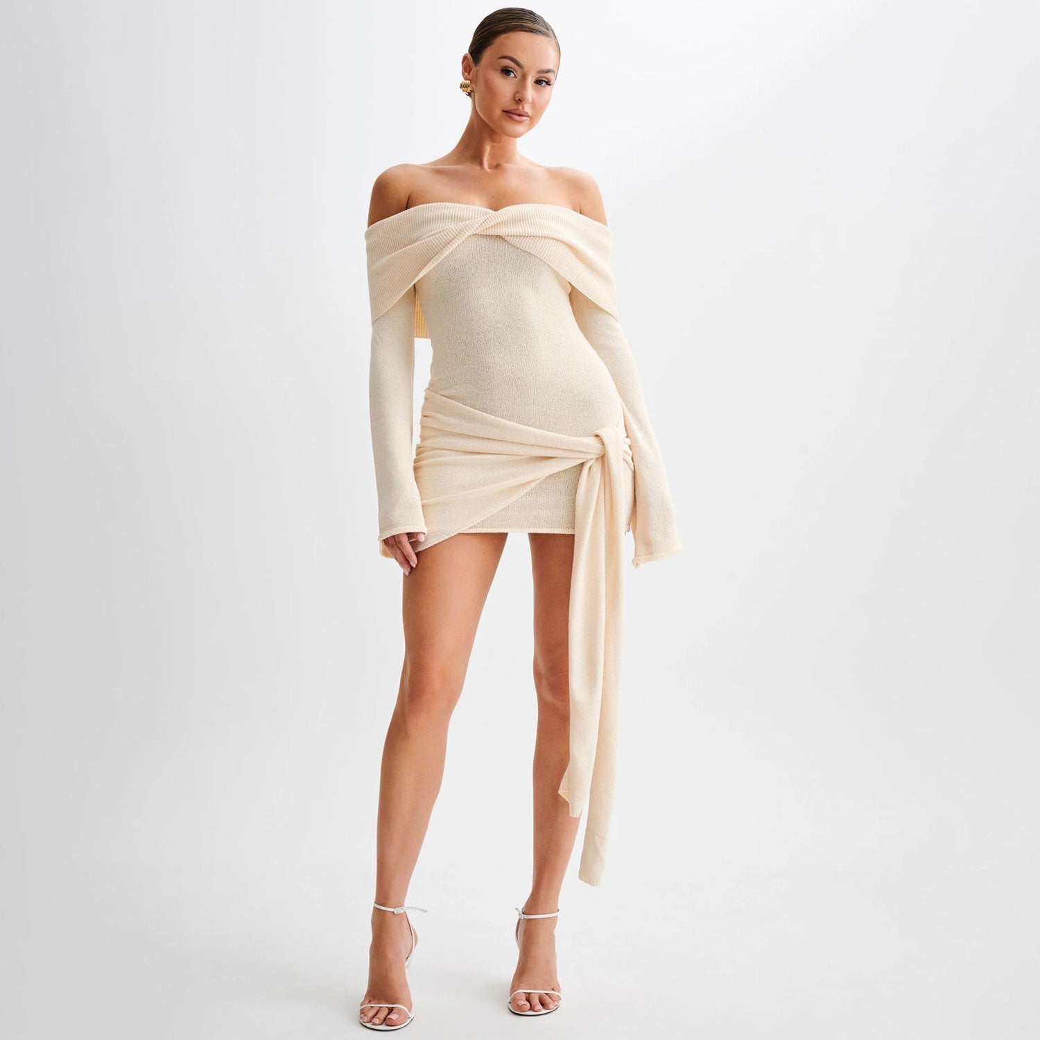 Off-Shoulder Knitted Mini Dress with Side Tie for Women | Moira Cream