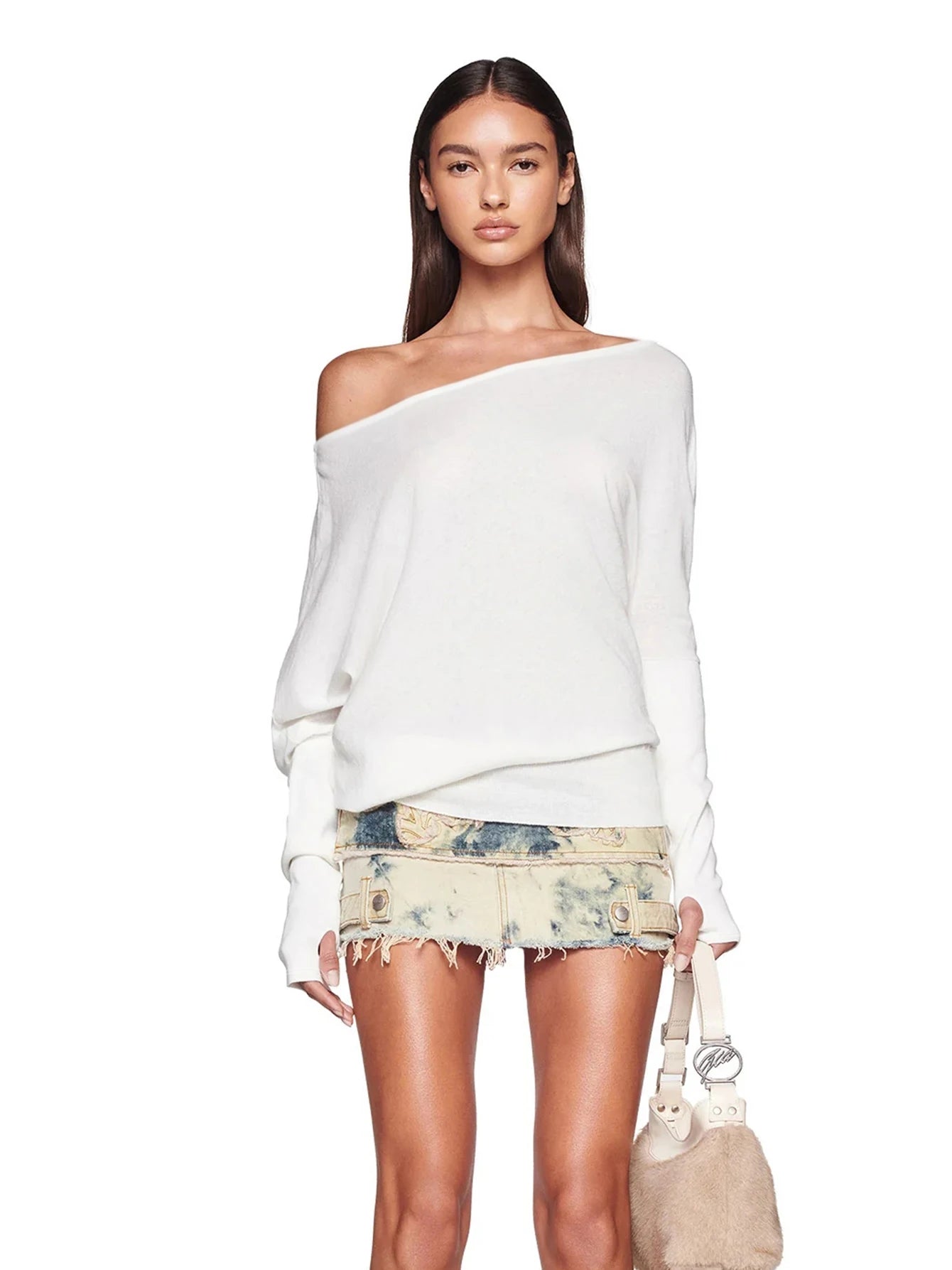 Off-Shoulder Long Sleeve Knit Top for Women | Lyka White