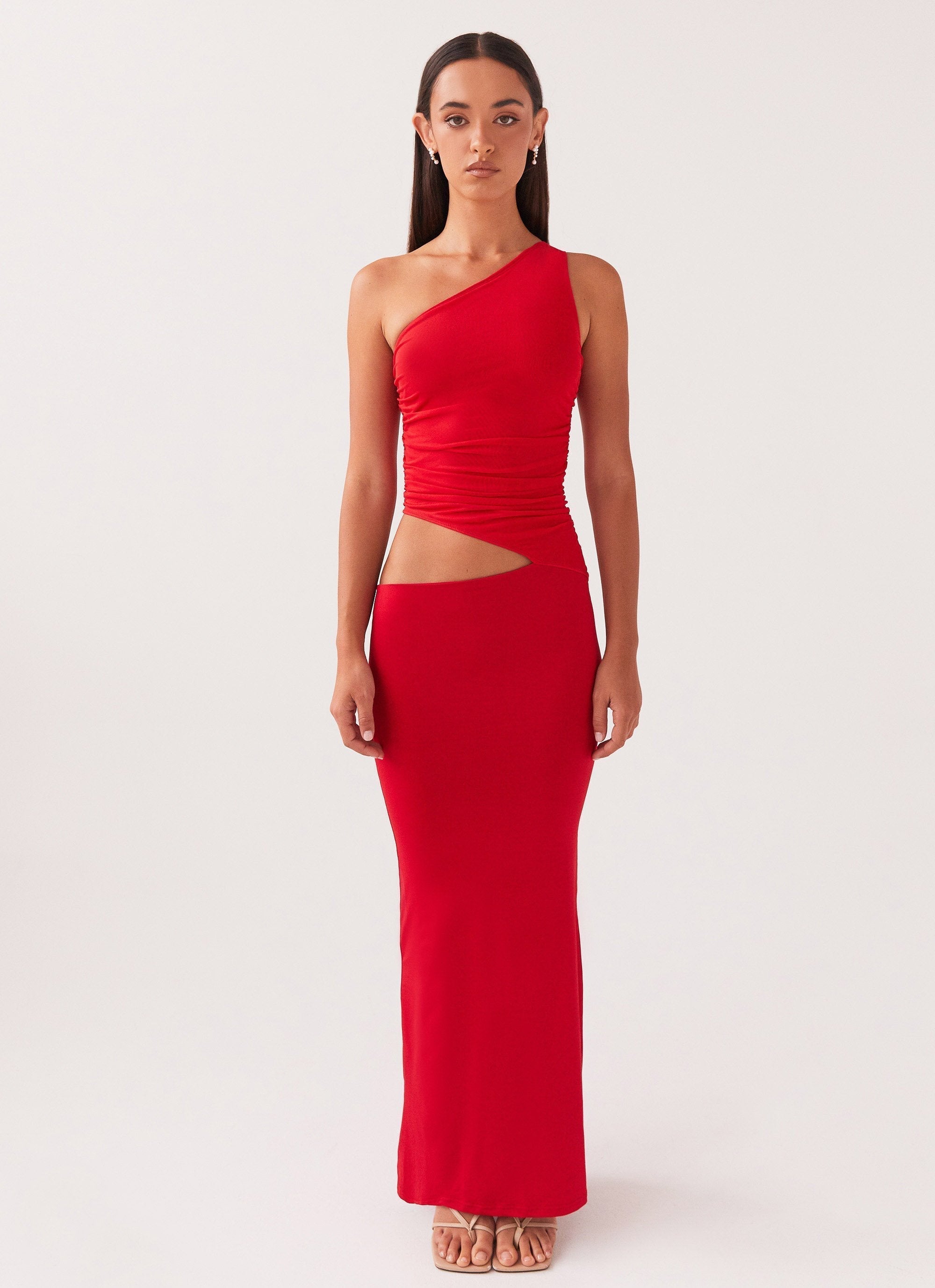 One-Shoulder Cut-Out Maxi Dress for Women | Clara Red