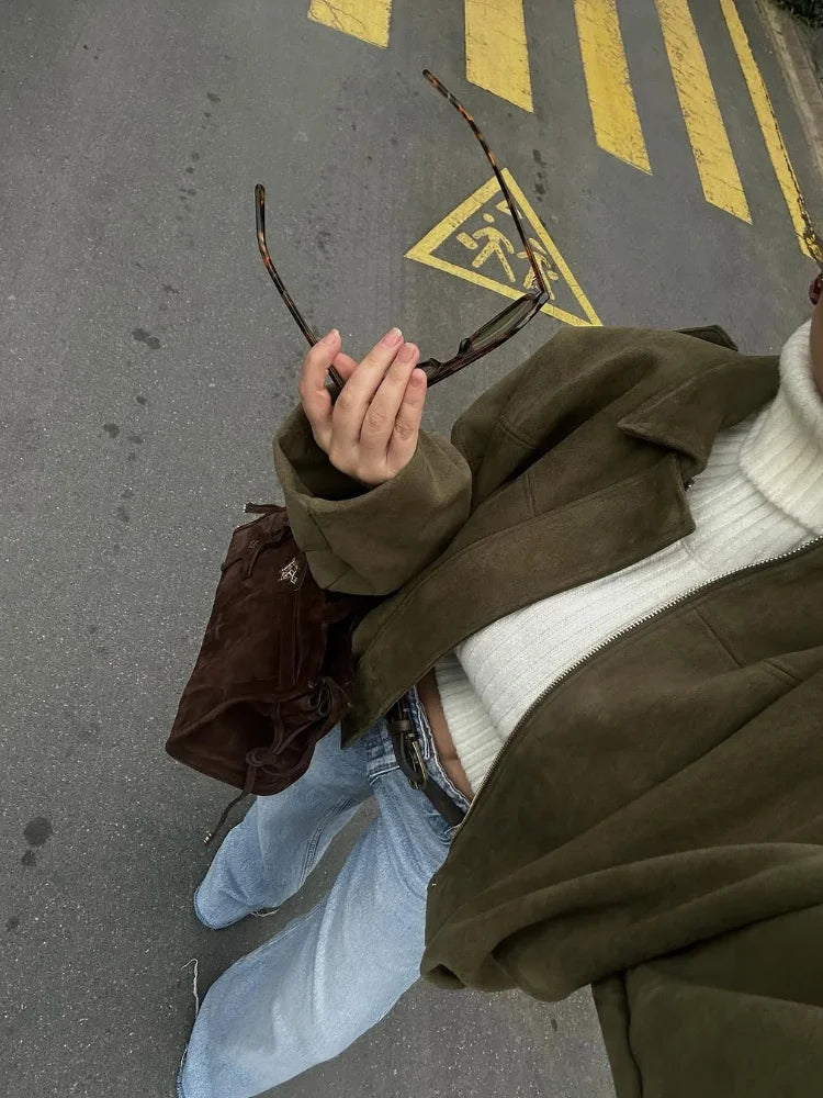 Oversized Faux Suede Bomber Jacket for Women | Amanda