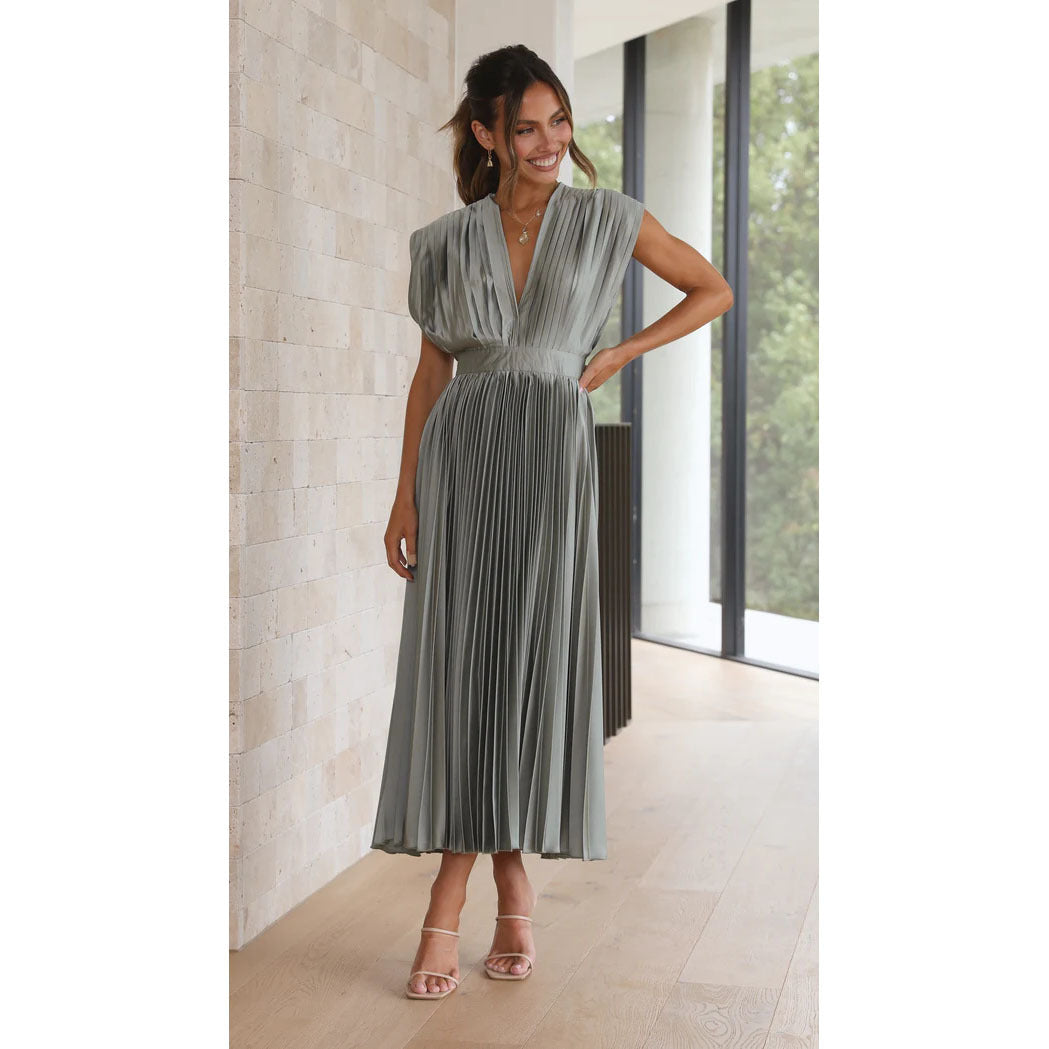 Pleated Maxi Dress with Sleeveless V-Neck for Women | Zynara Grey