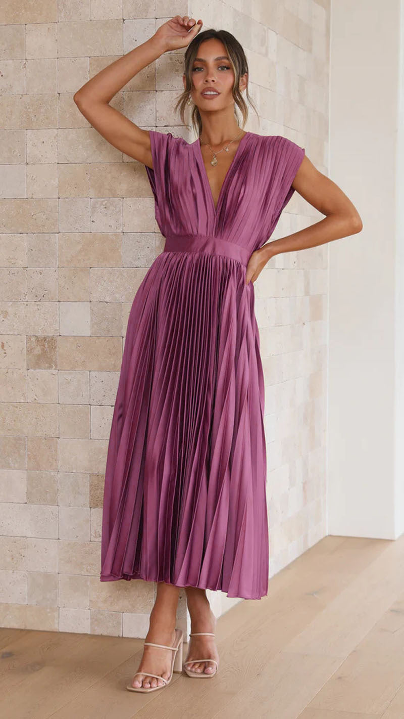 Pleated Maxi Dress with Sleeveless V-Neck for Women | Zynara Purple