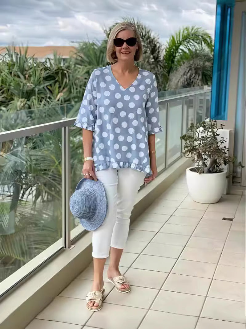 Polka Dot V-Neck Top For Women | Lirena Sky Blue