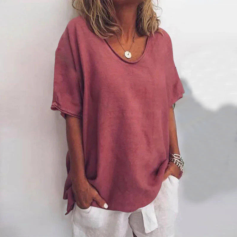 Relaxed Linen-Blend Short Sleeve Top for Women | Jona Wine