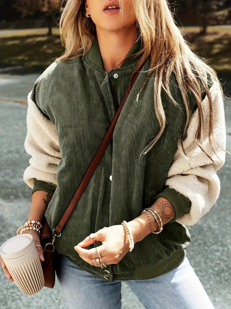 Rilto | Ribbed Bomber Jacket with Snap Closure Green