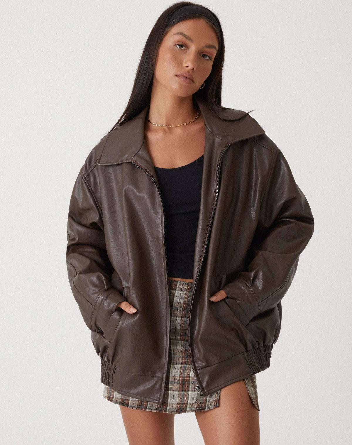 Classic PU Leather Jacket Stylish Fit for Women | Roux Brown