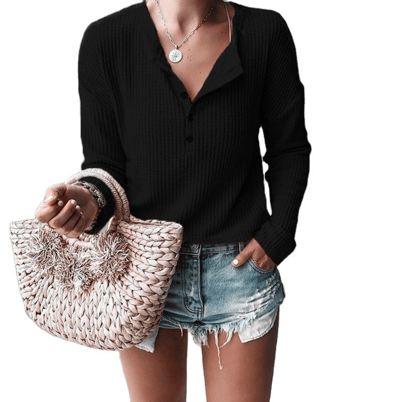 Rowyn – Casual Waffle-Knit Henley Black