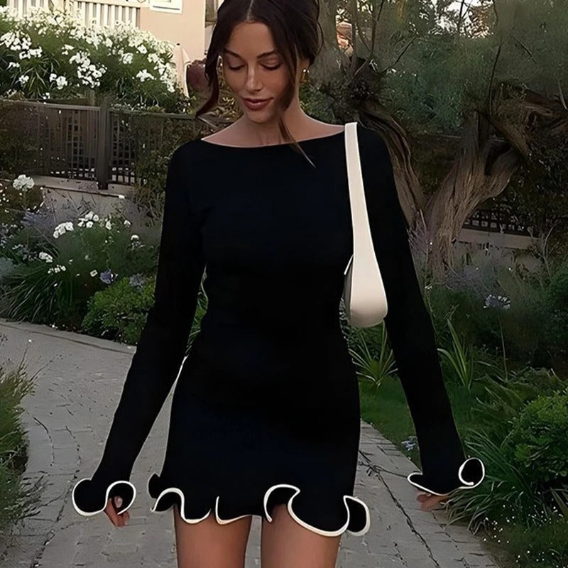 Ruffle Mini Knit Black Dress For Women | Liora