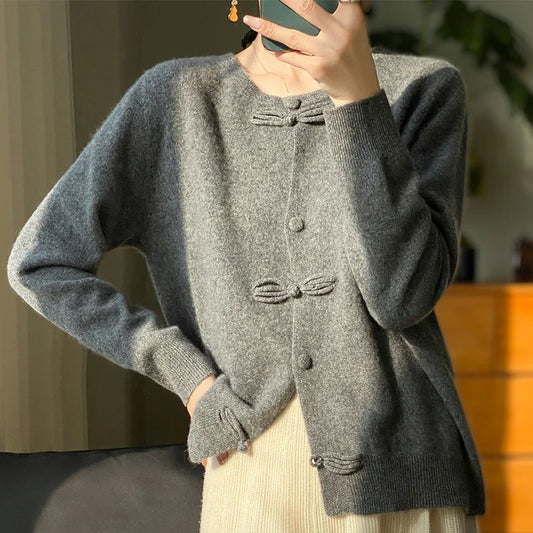 Merino Wool O-Neck Buckle Cardigan