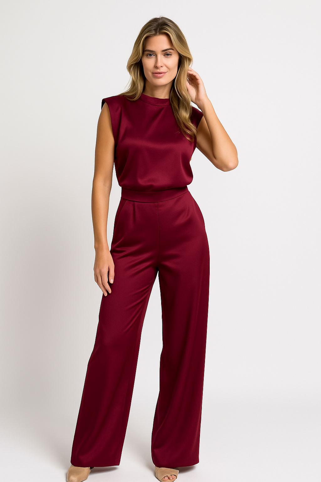 Satin Wide-Leg Sleeveless Jumpsuit for Women | Arianna Burgundy
