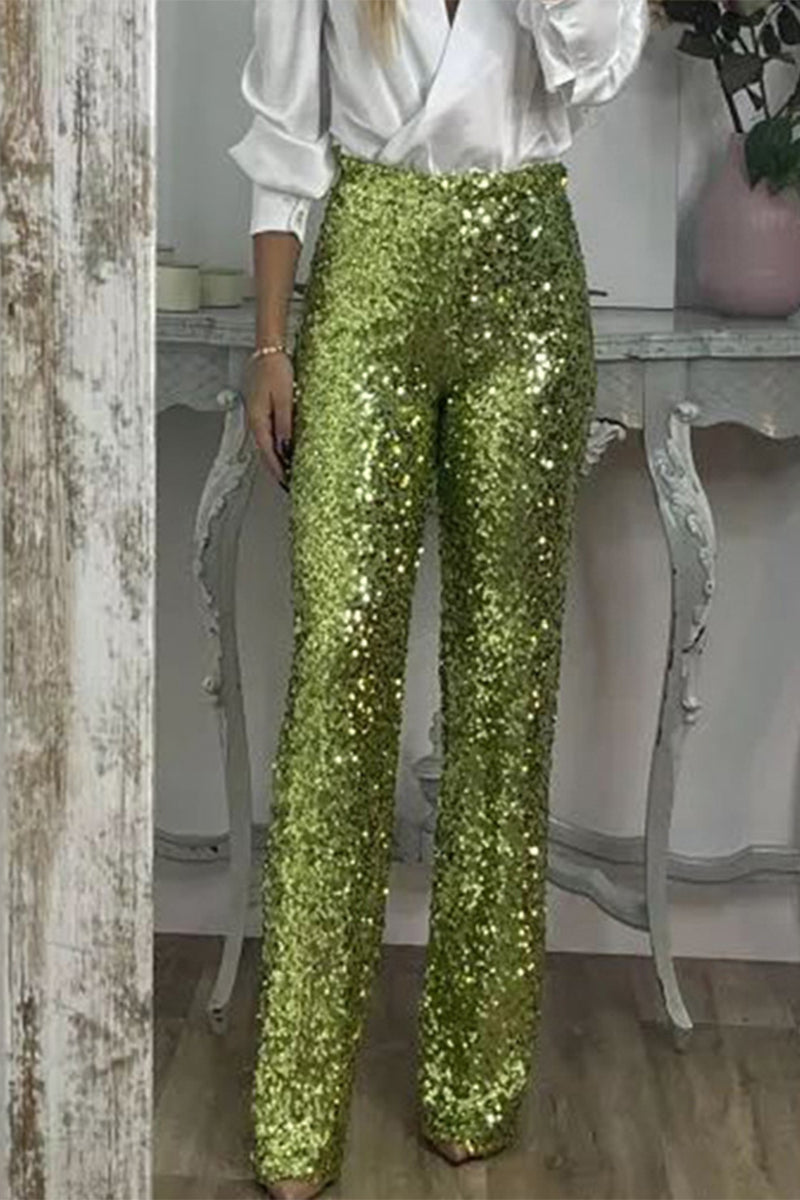 Sequin Statement Flare Pants for Women| Brianna Lime Green