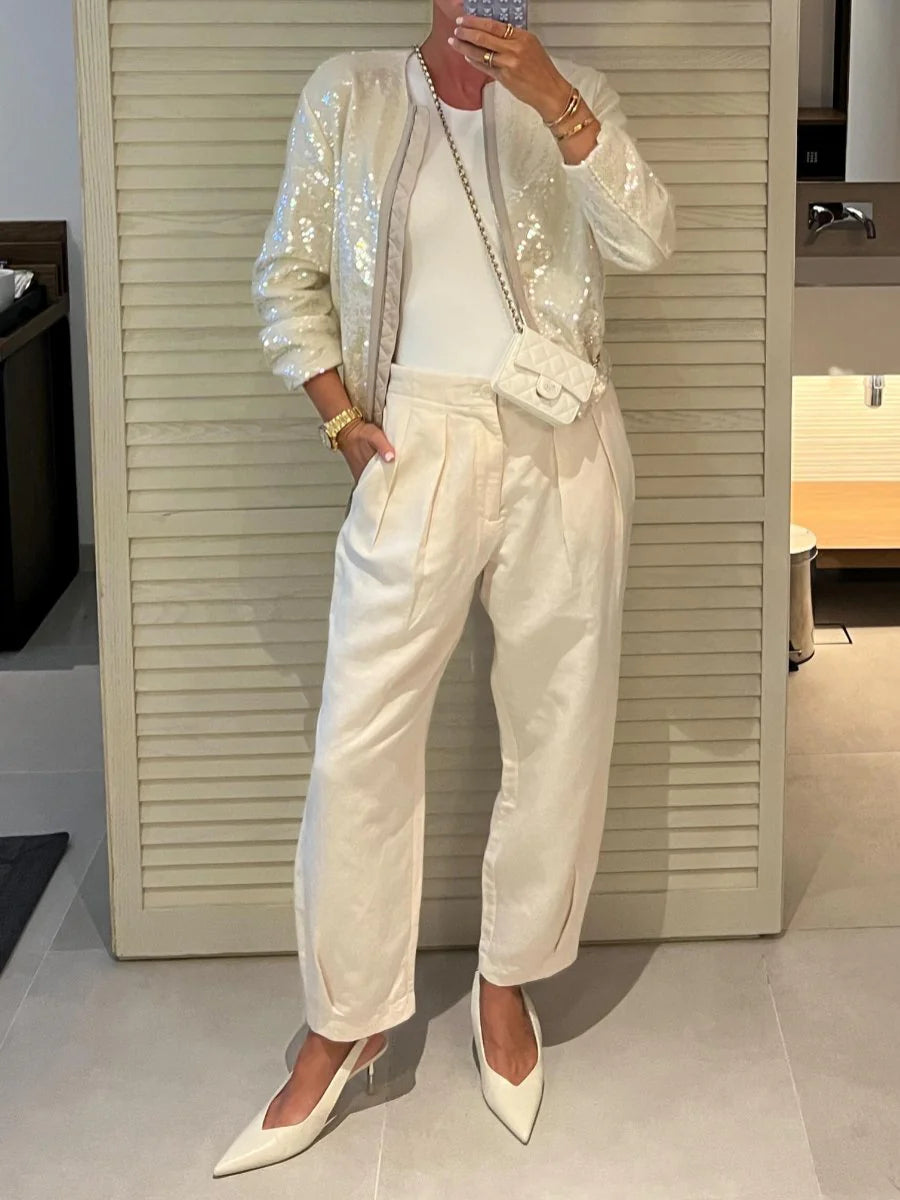 Sequin Zip-Up Bomber Jacket for Women | Julienne Beige