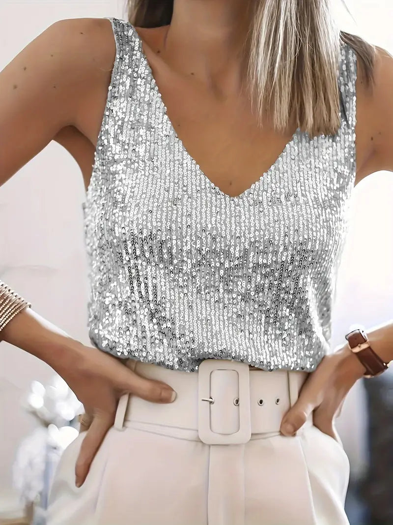 Sequined V-Neck Top For Women | Liora Silver