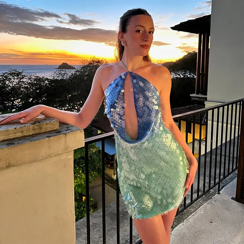 Sequin Halter Mini Dress for Women | Haven Blue Green