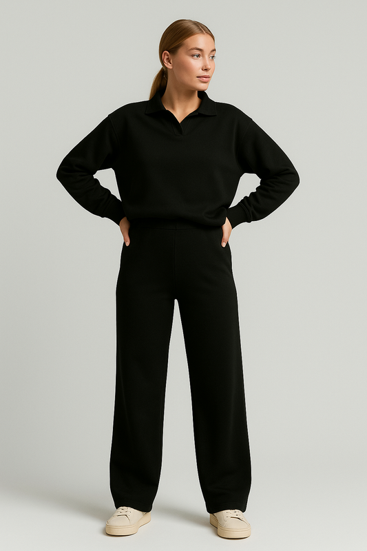 Serina - Knitted Polo & Pants Set Black