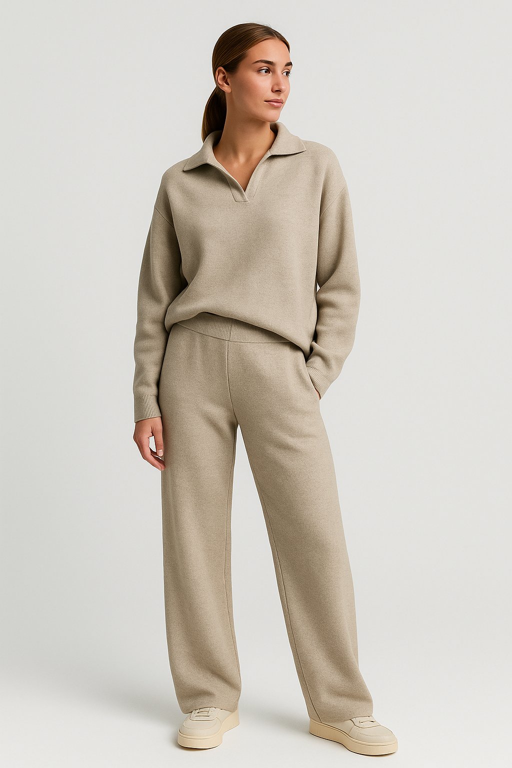 Serina - Knitted Polo & Pants Set Khaki