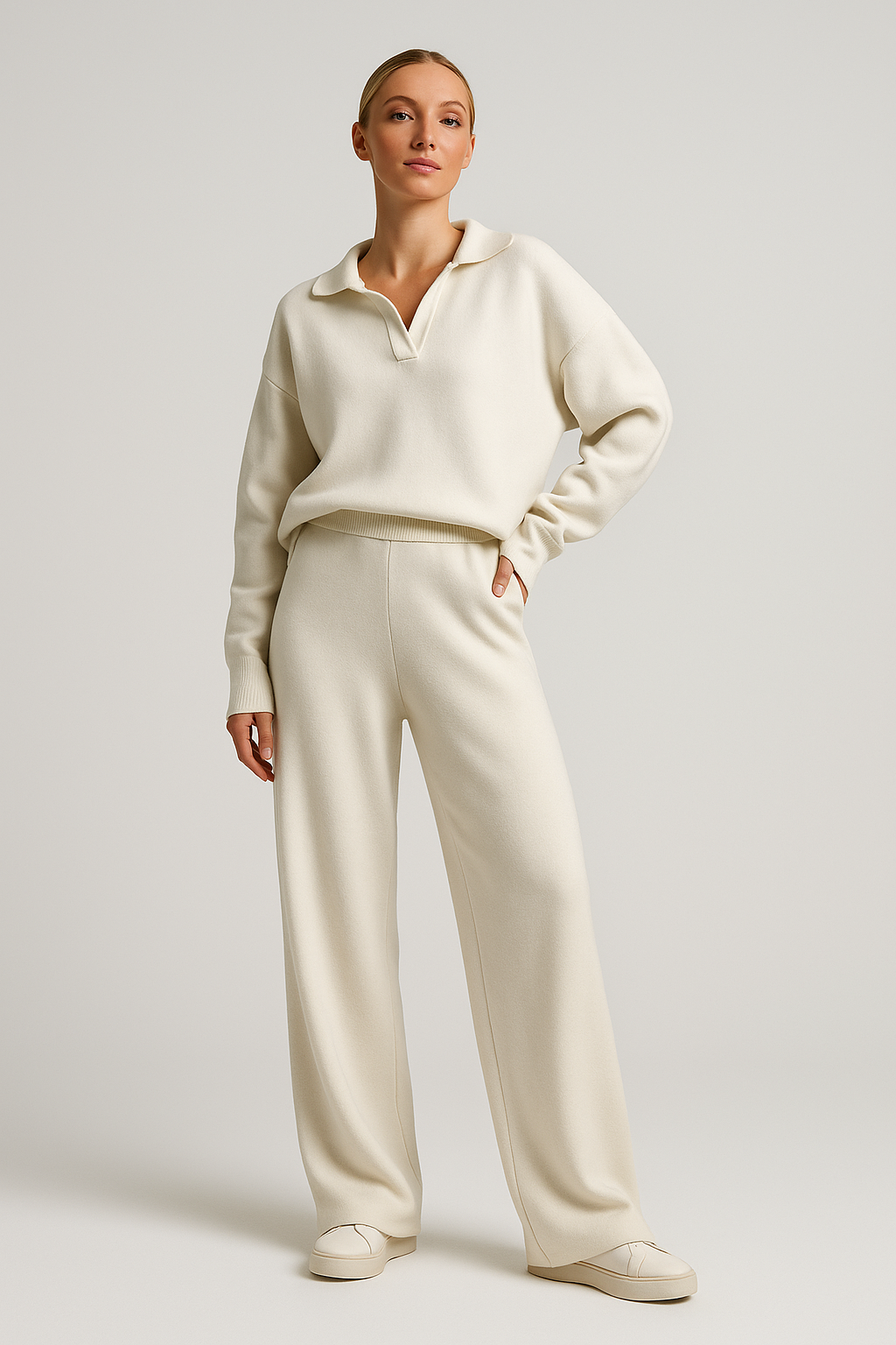 Serina - Knitted Polo & Pants Set Off White