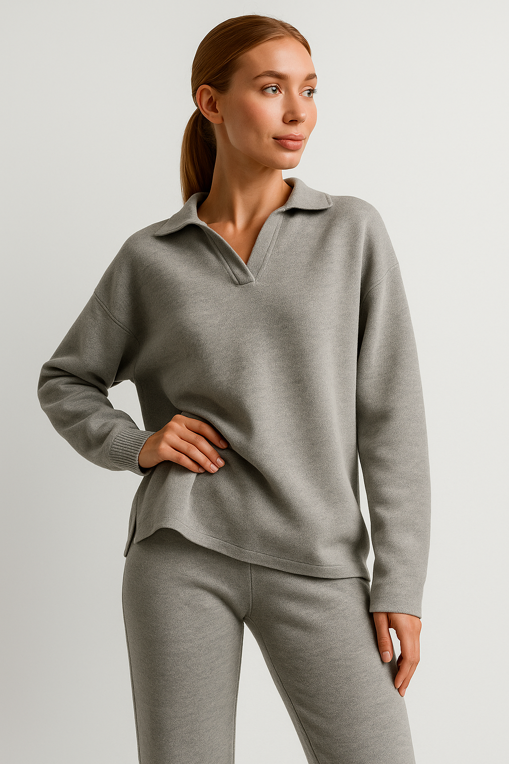 Serina - Knitted Polo & Pants Set Gray