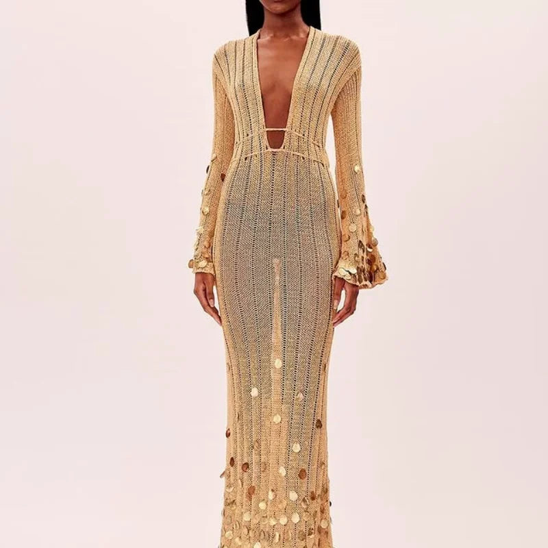 Yellow Sequin Knitted Maxi Dress with Deep Neck for Women | Aerin