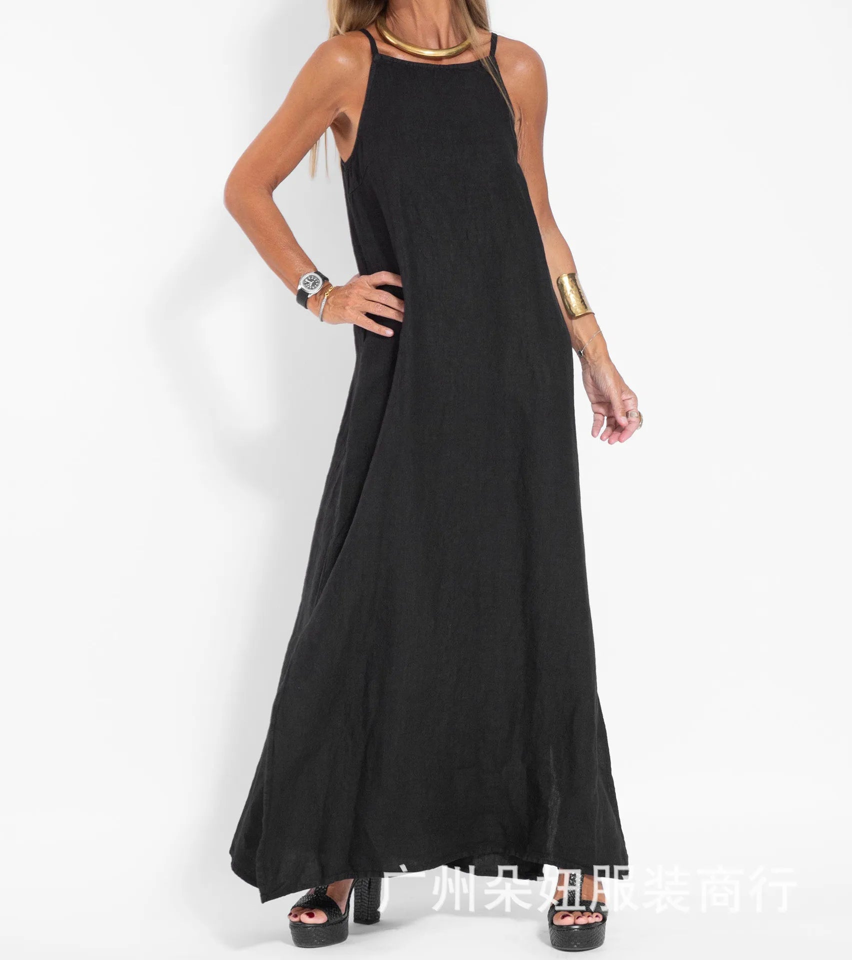 Linen Maxi Summer Slip Dress for Women | Fyyla Black