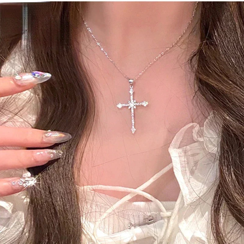 Silver Cross Necklace with Zircon Crystals for Women | Shaira Silver One size