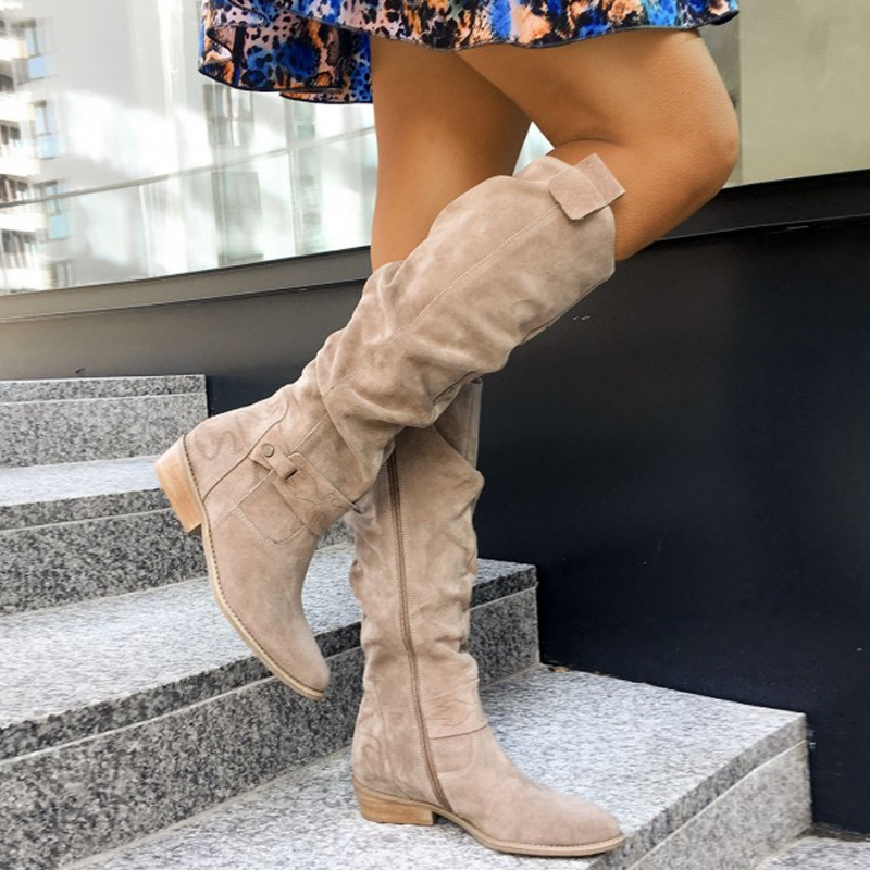 Sleeka | Knee High Slouch Boots with Side Zip Beige