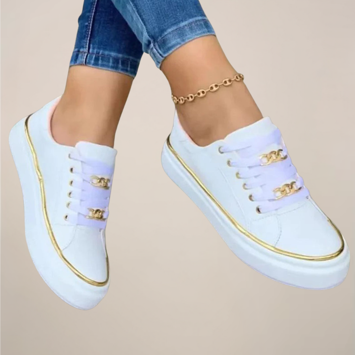 Sleeky | Casual Low-Top Sneakers With Gold Accents White