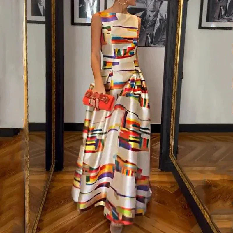 Sleeveless High Neck A-Line Evening Gown for Women | Alexandria Printed