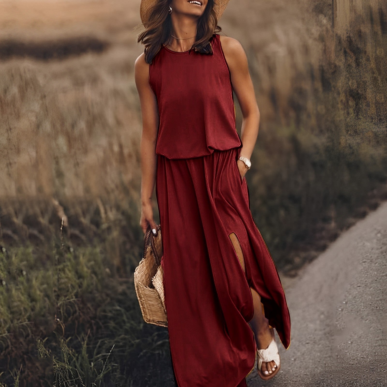 Sleeveless Cotton Maxi Dress For Women | Liora Burgundy