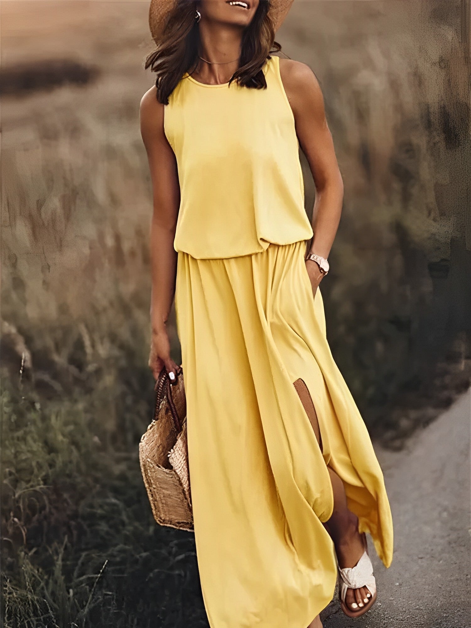 Sleeveless Cotton Maxi Dress For Women | Liora Yellow