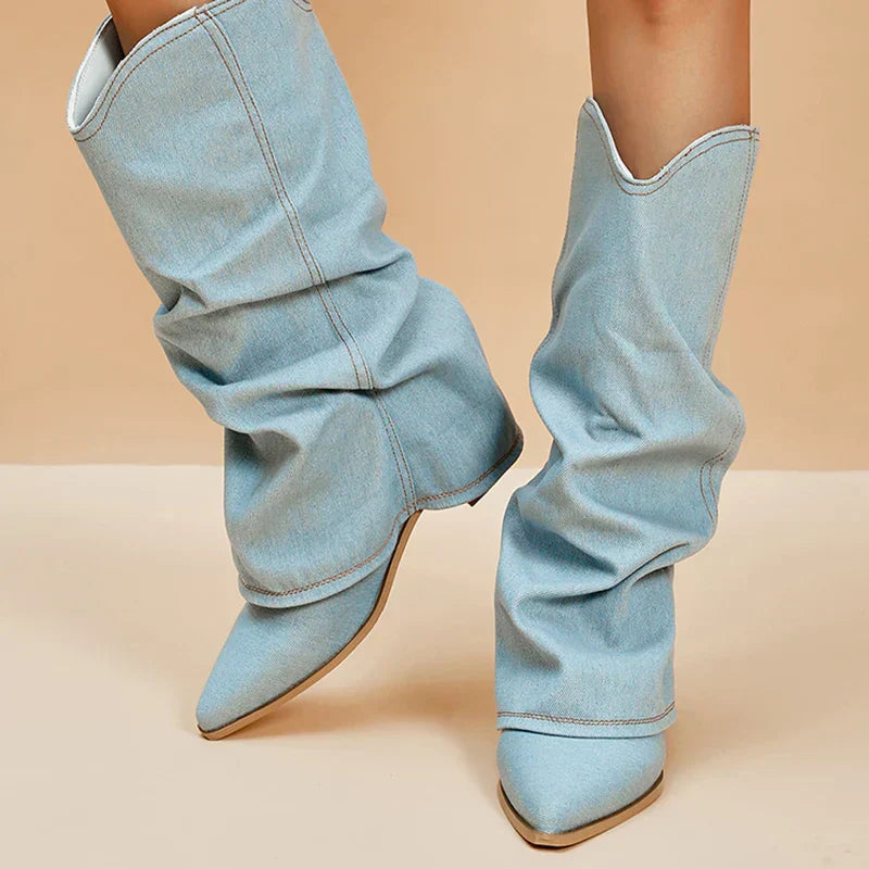 Slouchy Denim Pointed-Toe Western Boots for Women | Briony
