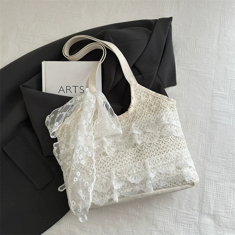 Spacious Straw Beach Bag For Women | Lirina Lace White with Silk One Size