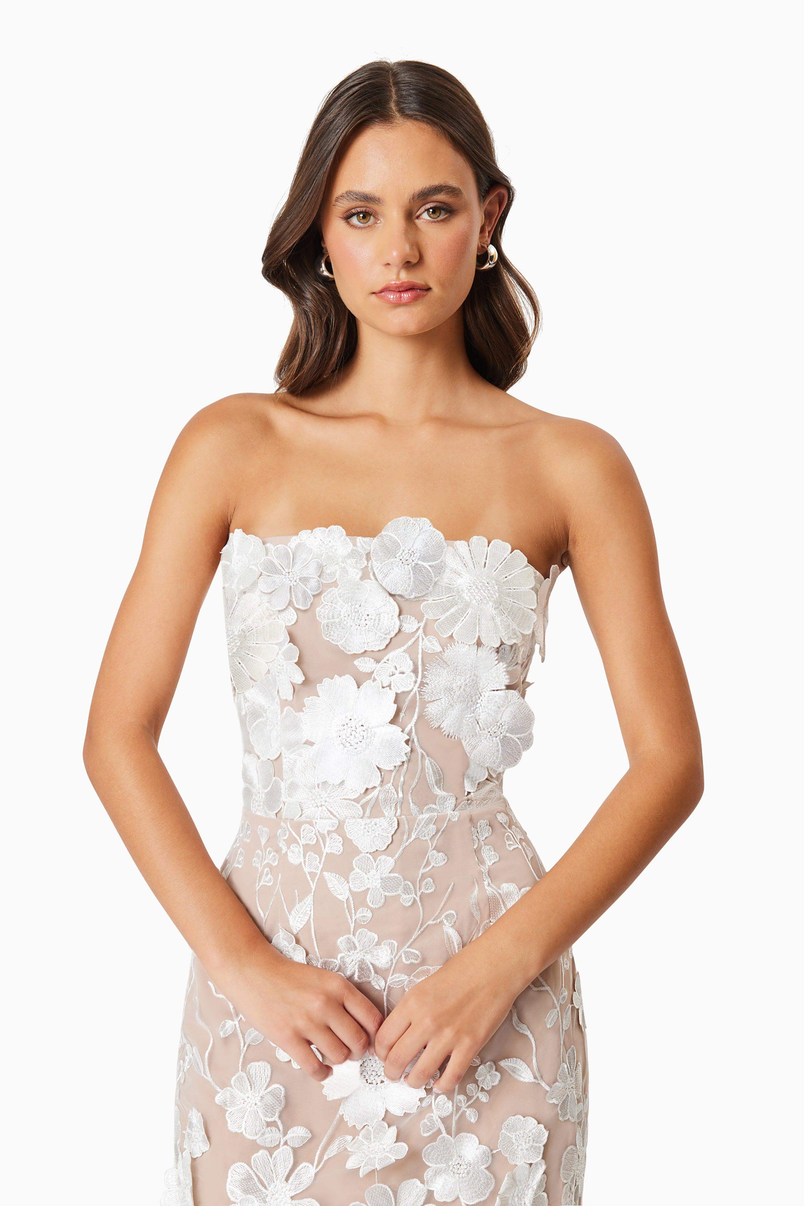 White Strapless White Floral Midi Dress for Women | Lexie