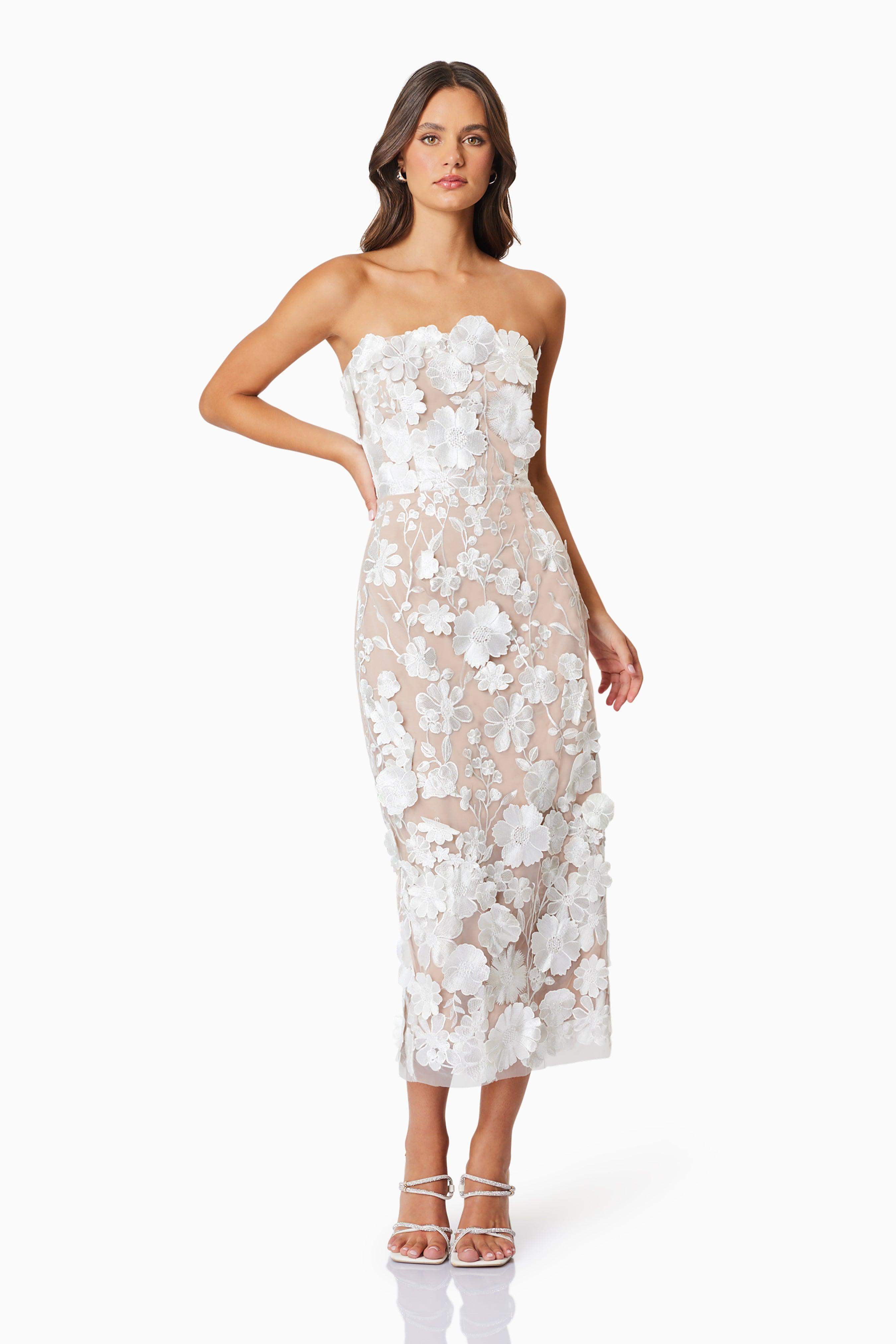White Strapless White Floral Midi Dress for Women | Lexie