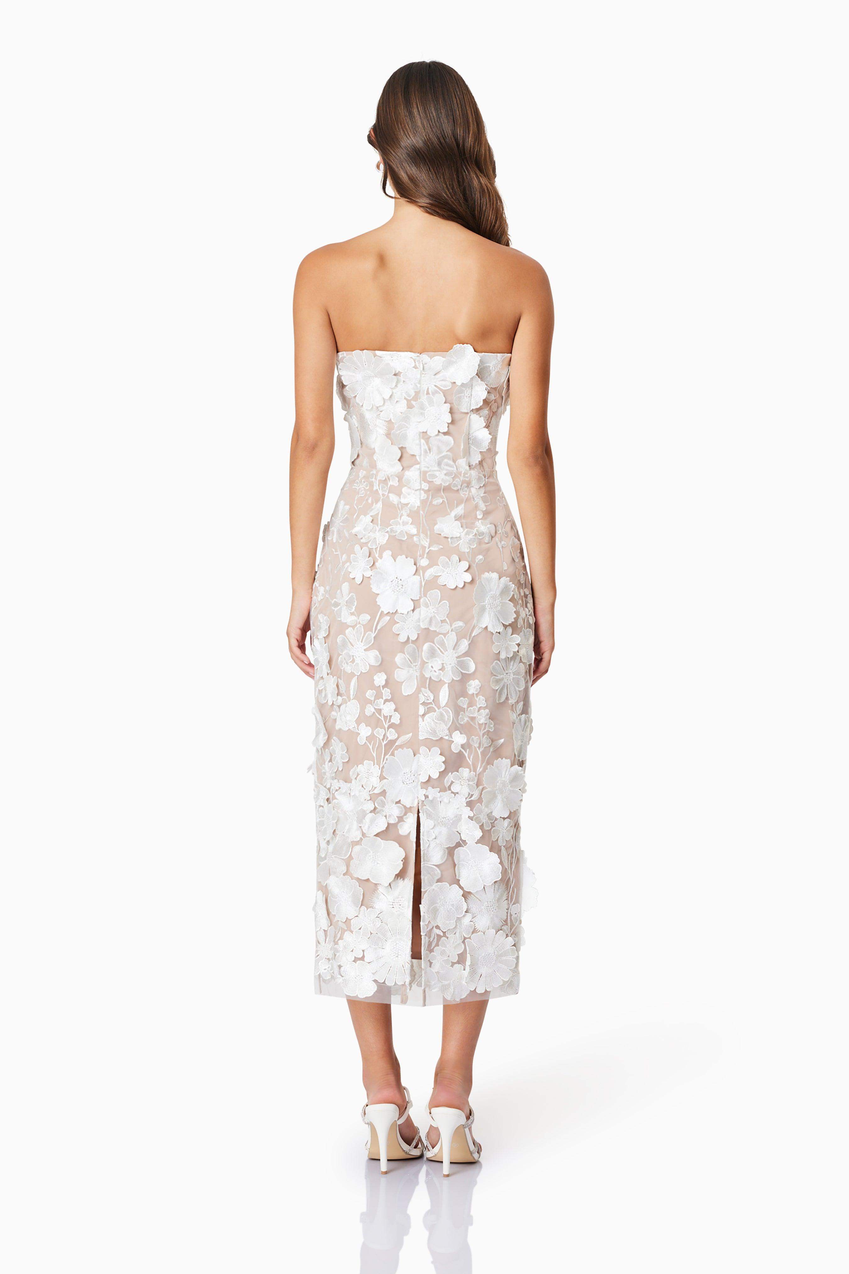White Strapless White Floral Midi Dress for Women | Lexie