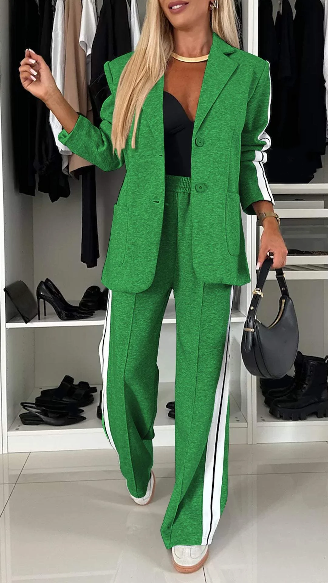 Striped Blazer And Pant Set For Women | Jorina Green