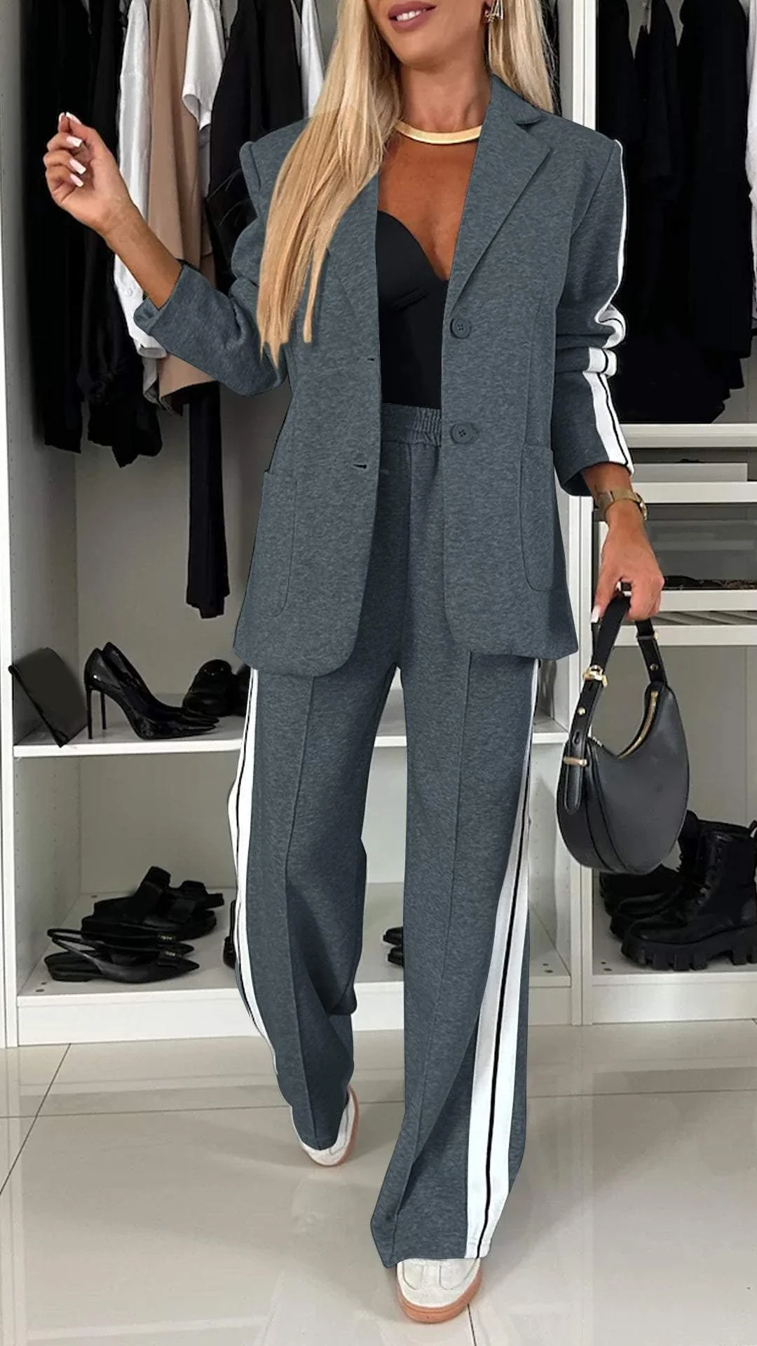 Striped Blazer And Pant Set For Women | Jorina Dark Grey