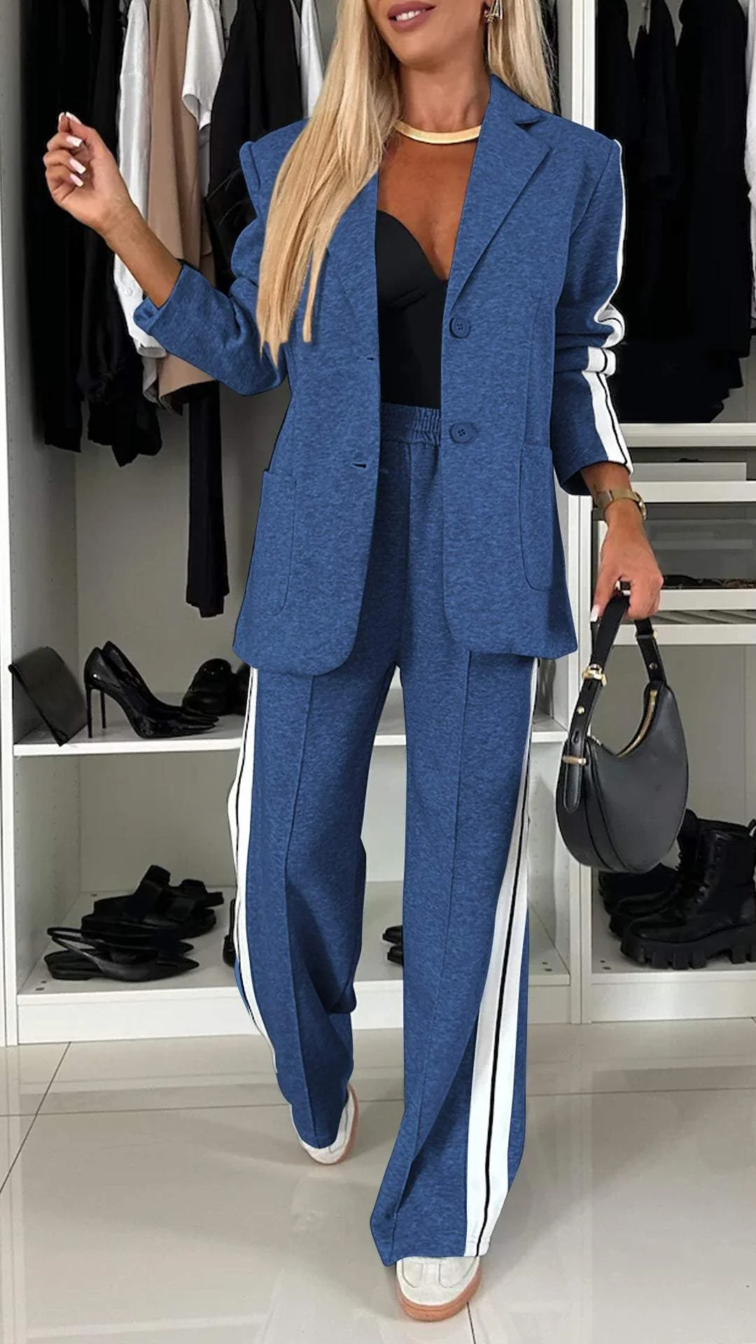 Striped Blazer And Pant Set For Women | Jorina Blue